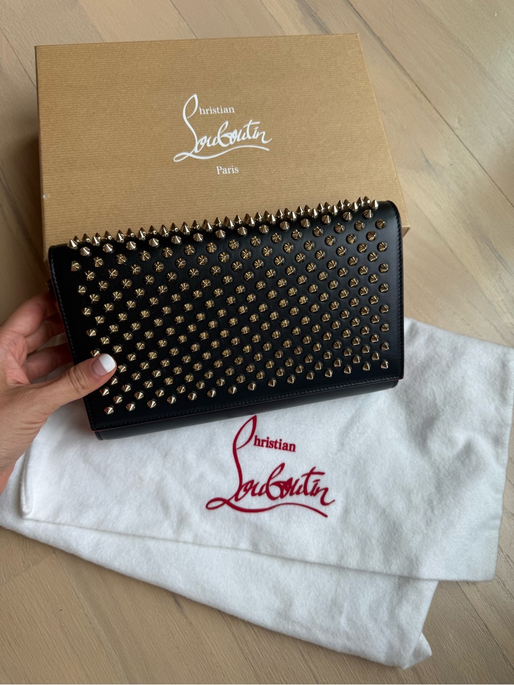 Christian Louboutin Black Spike-Studded Leather Crossbody Bag with Gold Spikes - Picture 7 of 7